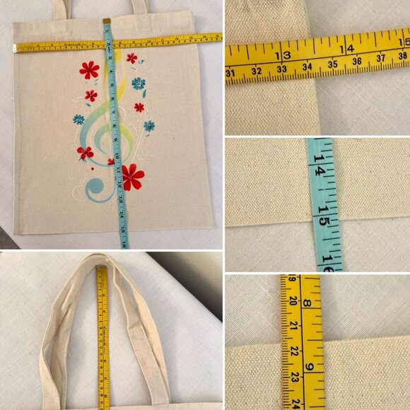 Music Note Floral Canvas Tote Bag Eco Friendly Reusable Shopping Bag Long Handle - Picture 4 of 7